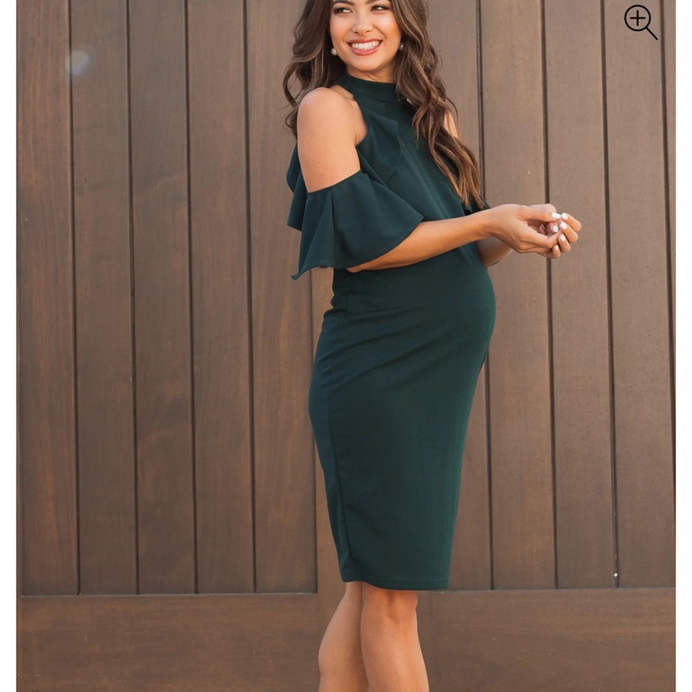 Pinkblush Forest Green Cold Shoulder Ruffle Detail Maternity Dress-NWT-size M